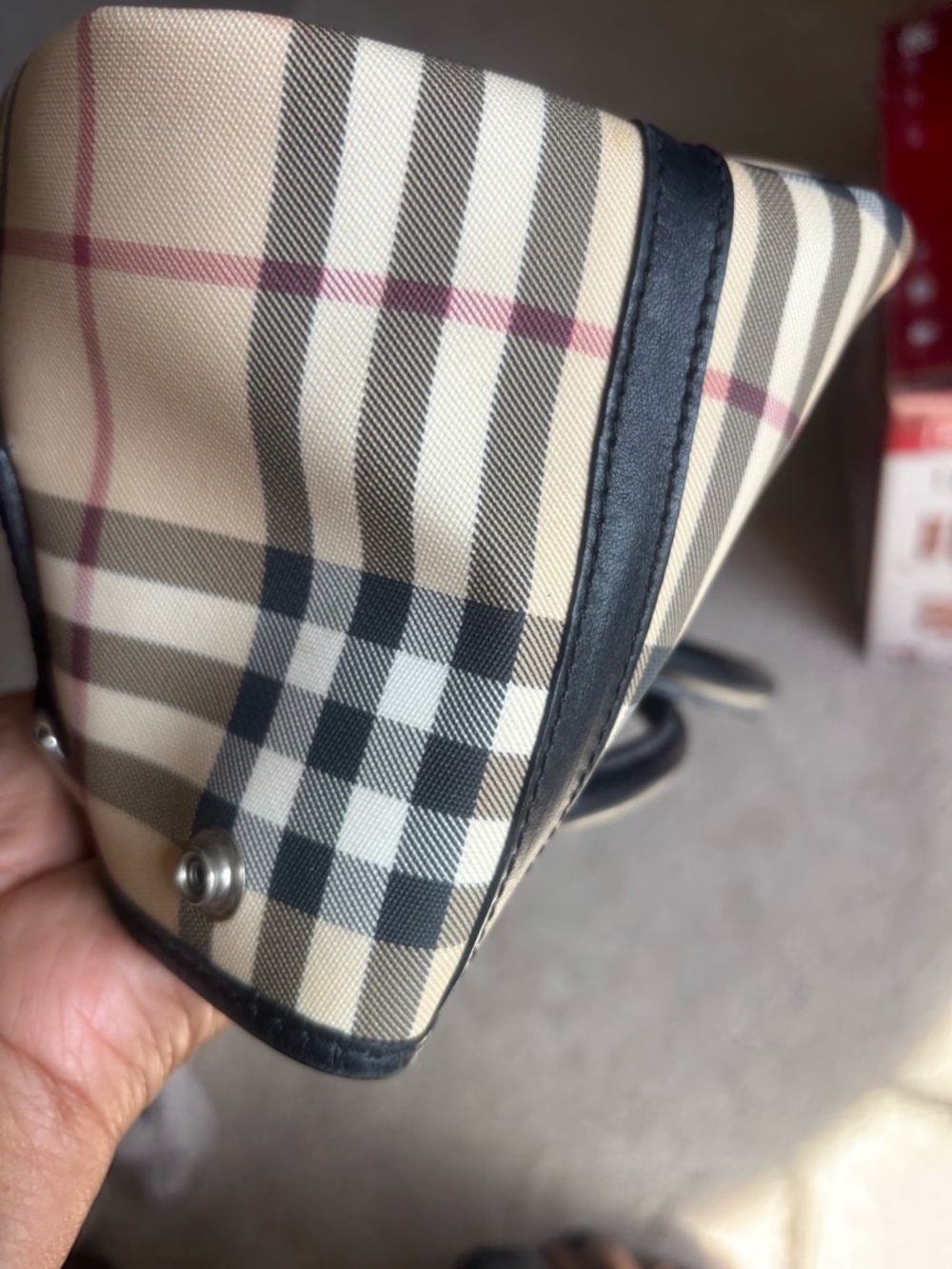 Burberry Beige Plaid Satchel with Black Leather Trim - Picture 3 of 8